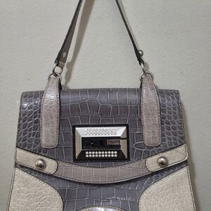 GUESS Vintage Brown Crocodile Design Patent Leather Handbag